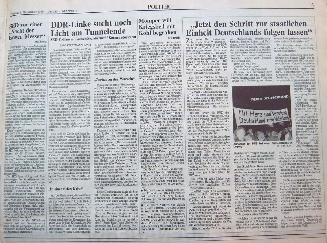Die Welt Nr. 280, Zeitung, 1. Dezember 1989, Politik, Seite  5, PWD, Partei fr die Wiedervereinigung Deutschlands